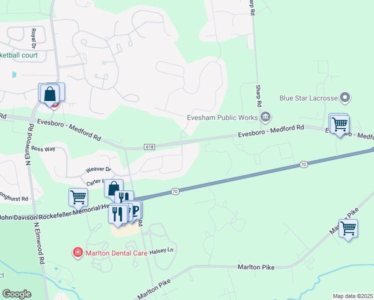 map of restaurants, bars, coffee shops, grocery stores, and more near 471 Evesboro - Medford Road in Evesham