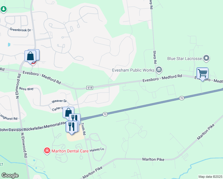 map of restaurants, bars, coffee shops, grocery stores, and more near 471 Evesboro - Medford Road in Evesham