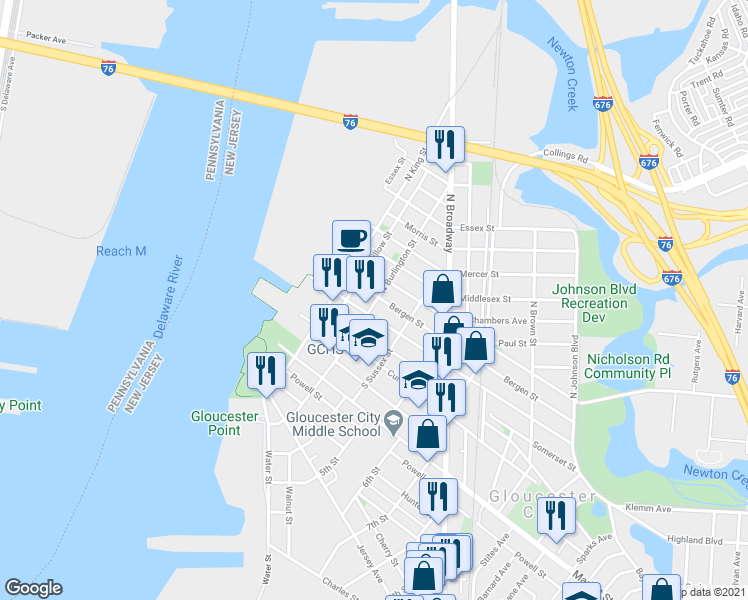 map of restaurants, bars, coffee shops, grocery stores, and more near 16 North Burlington Street in Gloucester City