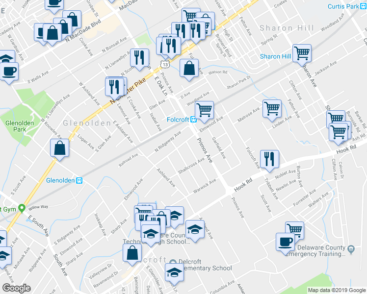 map of restaurants, bars, coffee shops, grocery stores, and more near 1572 Elmwood Avenue in Folcroft