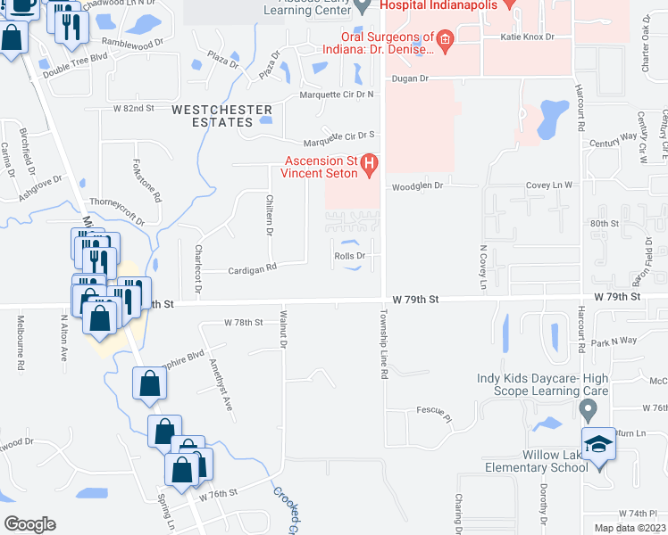 map of restaurants, bars, coffee shops, grocery stores, and more near 7939 Mercedes Drive in Indianapolis