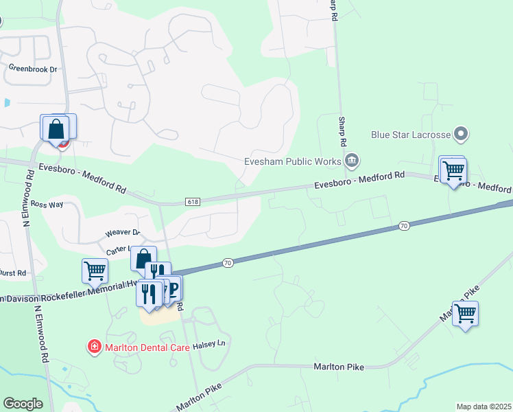 map of restaurants, bars, coffee shops, grocery stores, and more near 471 Evesboro - Medford Road in Evesham