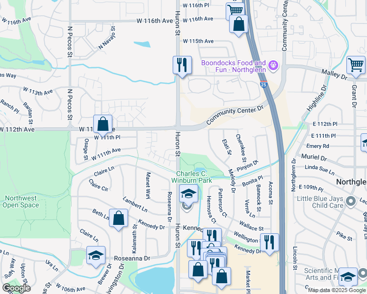 map of restaurants, bars, coffee shops, grocery stores, and more near 11152 Huron Street in Denver