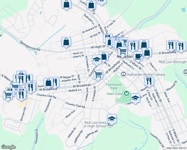 map of restaurants, bars, coffee shops, grocery stores, and more near 211 1st Avenue in Red Lion