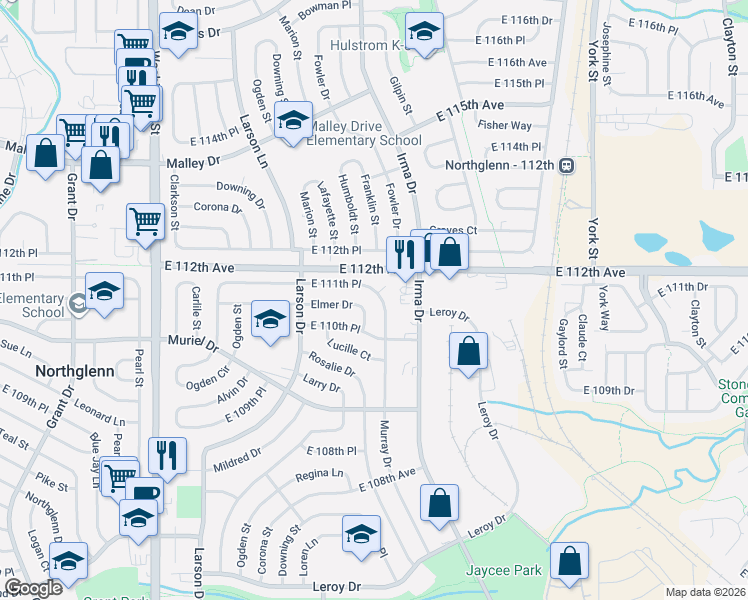 map of restaurants, bars, coffee shops, grocery stores, and more near 1476 East 111th Place in Northglenn