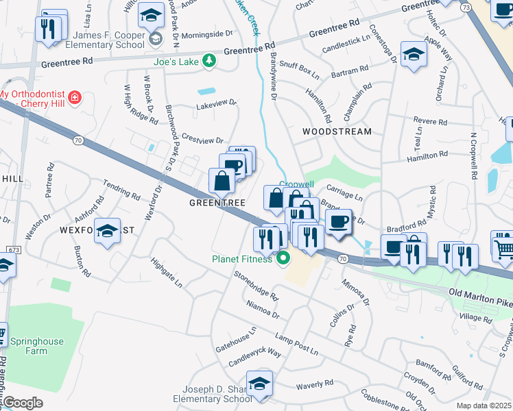 map of restaurants, bars, coffee shops, grocery stores, and more near 2018 Marlton Pike East in Cherry Hill