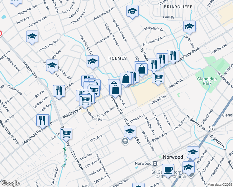 map of restaurants, bars, coffee shops, grocery stores, and more near 2318 MacDade Boulevard in Holmes