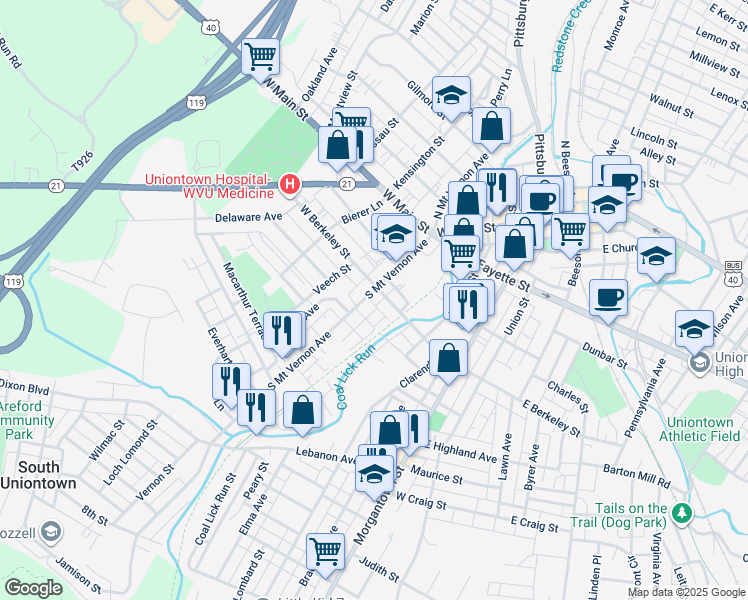 map of restaurants, bars, coffee shops, grocery stores, and more near 91 South Mount Vernon Avenue in Uniontown