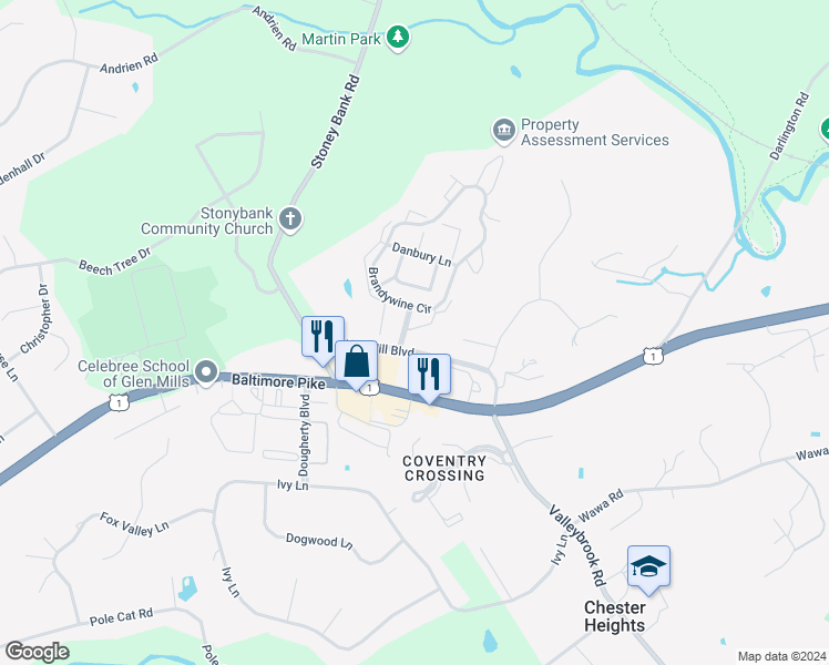 map of restaurants, bars, coffee shops, grocery stores, and more near 252 Windsor Court in Glen Mills