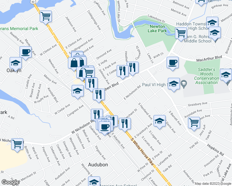 map of restaurants, bars, coffee shops, grocery stores, and more near 28 North Logan Avenue in Audubon