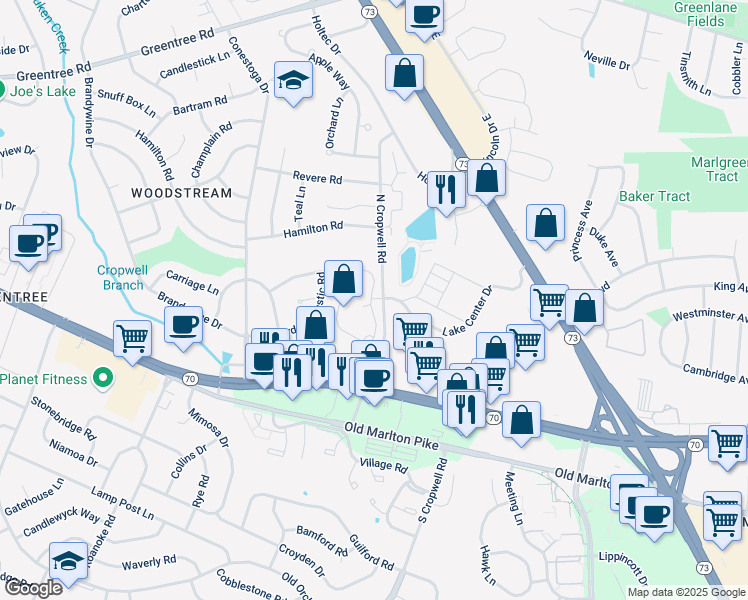 map of restaurants, bars, coffee shops, grocery stores, and more near 1400 Brook View Circle in Evesham Township