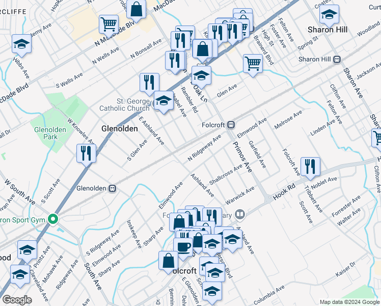 map of restaurants, bars, coffee shops, grocery stores, and more near 20 North Ridgeway Avenue in Glenolden
