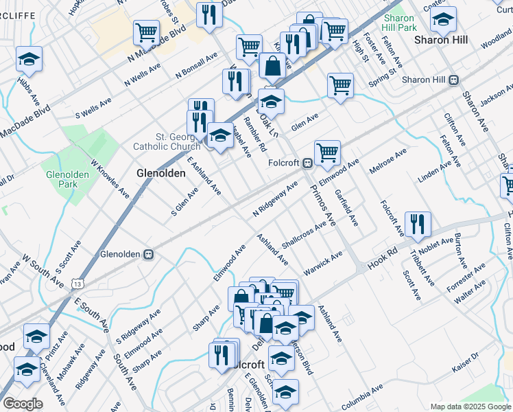 map of restaurants, bars, coffee shops, grocery stores, and more near 20 North Ridgeway Avenue in Glenolden