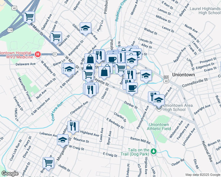map of restaurants, bars, coffee shops, grocery stores, and more near 19A West Fayette Street in Uniontown