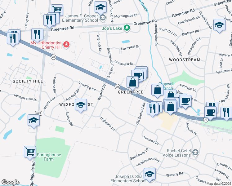 map of restaurants, bars, coffee shops, grocery stores, and more near 1983 West Route 70 in Cherry Hill