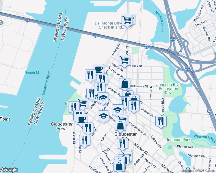 map of restaurants, bars, coffee shops, grocery stores, and more near 16 North Burlington Street in Gloucester City