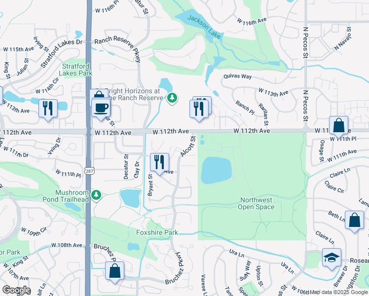 map of restaurants, bars, coffee shops, grocery stores, and more near 11197 Alcott Street in Westminster