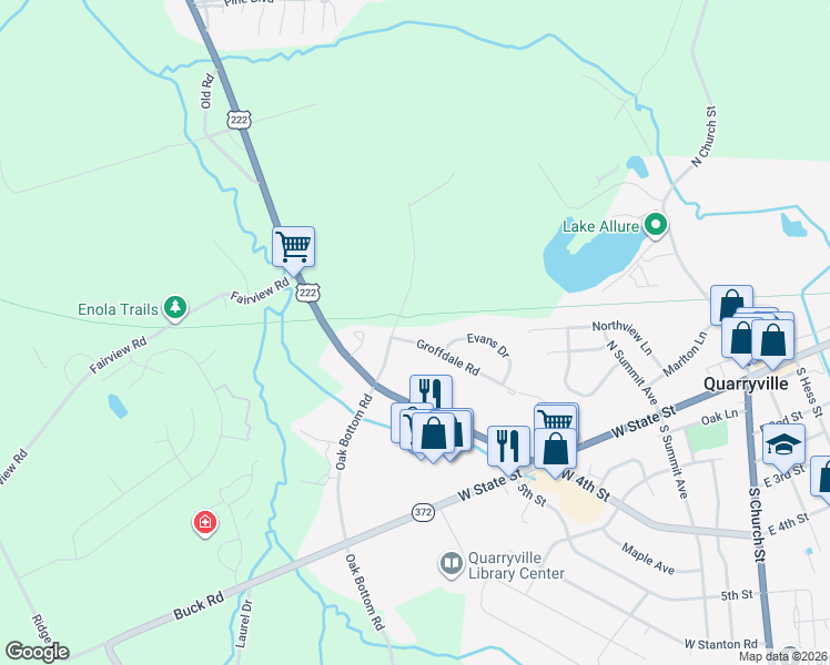 map of restaurants, bars, coffee shops, grocery stores, and more near 303 Groffdale Road in Quarryville