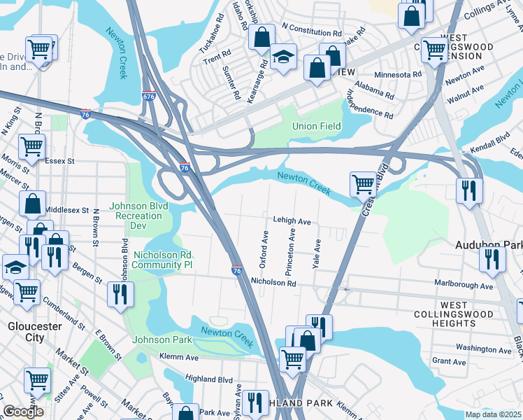 map of restaurants, bars, coffee shops, grocery stores, and more near 305 Lehigh Avenue in Gloucester City