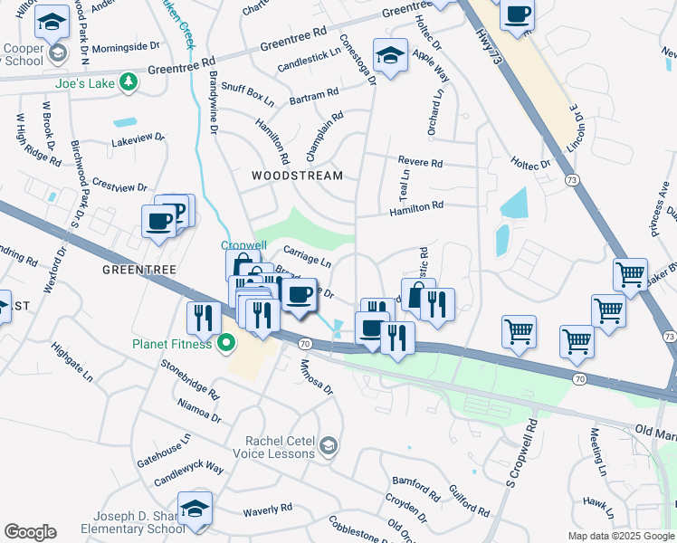 map of restaurants, bars, coffee shops, grocery stores, and more near 108 West Burgess Road in Evesham