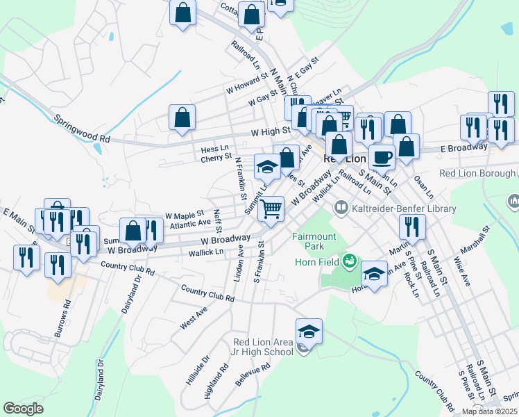 map of restaurants, bars, coffee shops, grocery stores, and more near 207 1st Avenue in Red Lion
