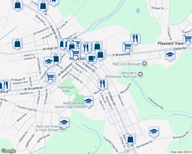 map of restaurants, bars, coffee shops, grocery stores, and more near 237 South Main Street in Red Lion