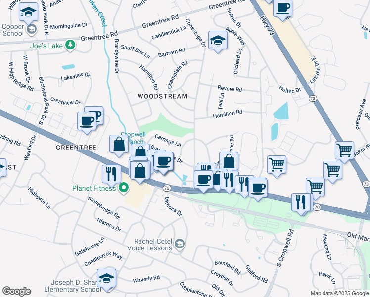 map of restaurants, bars, coffee shops, grocery stores, and more near 108 West Burgess Road in Evesham