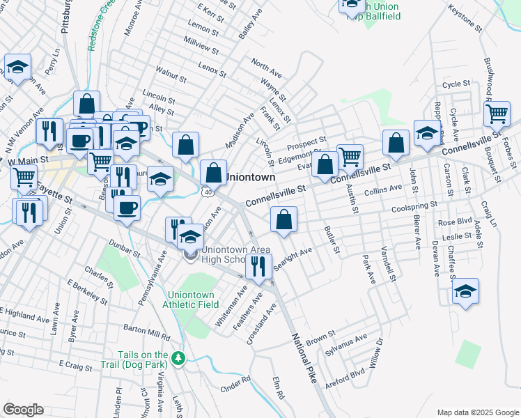 map of restaurants, bars, coffee shops, grocery stores, and more near 40 Connellsville Street in Uniontown