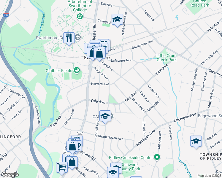 map of restaurants, bars, coffee shops, grocery stores, and more near 209 Rutgers Avenue in Swarthmore