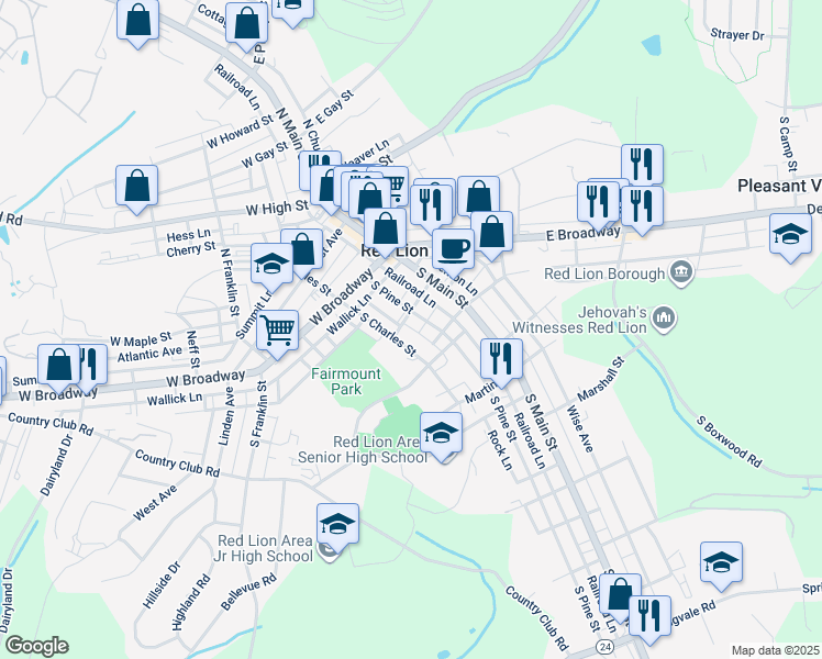map of restaurants, bars, coffee shops, grocery stores, and more near 114 Henrietta Street in Red Lion