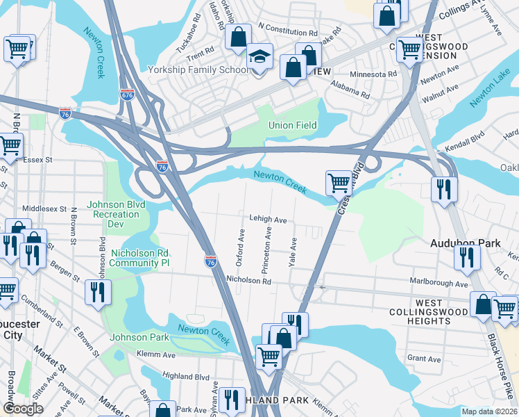 map of restaurants, bars, coffee shops, grocery stores, and more near 213 B Lehigh Avenue in Gloucester City