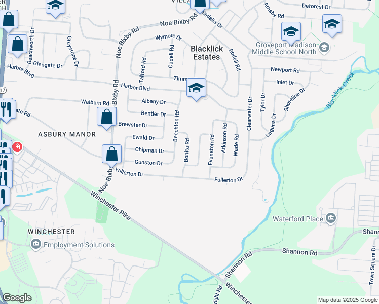 map of restaurants, bars, coffee shops, grocery stores, and more near 3852 Bonita Road in Columbus