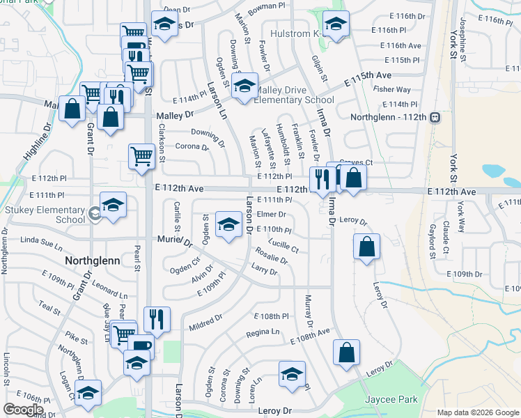 map of restaurants, bars, coffee shops, grocery stores, and more near 1205 Elmer Drive in Northglenn