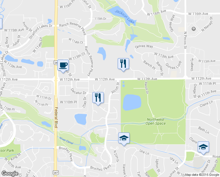 map of restaurants, bars, coffee shops, grocery stores, and more near 11197 Alcott Street in Westminster