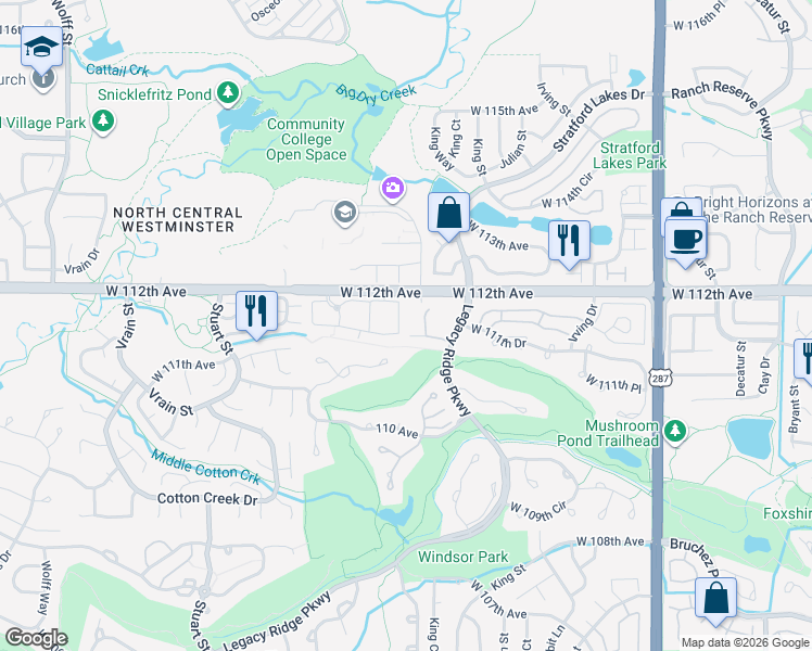 map of restaurants, bars, coffee shops, grocery stores, and more near 3638 West 111th Drive in Westminster