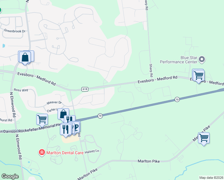 map of restaurants, bars, coffee shops, grocery stores, and more near 471 Evesboro Medford Road in Evesham Township