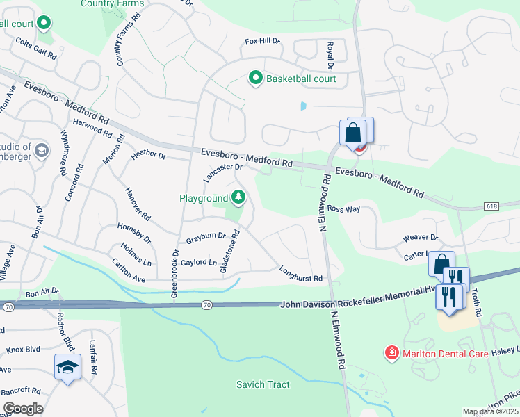 map of restaurants, bars, coffee shops, grocery stores, and more near 10 Lincoln Lane in Evesham