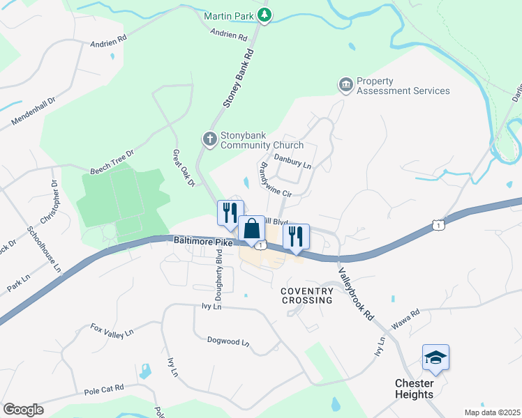 map of restaurants, bars, coffee shops, grocery stores, and more near 9 Ashley Court in Glen Mills