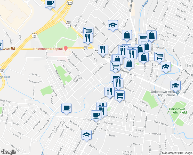 map of restaurants, bars, coffee shops, grocery stores, and more near 91 South Mount Vernon Avenue in Uniontown