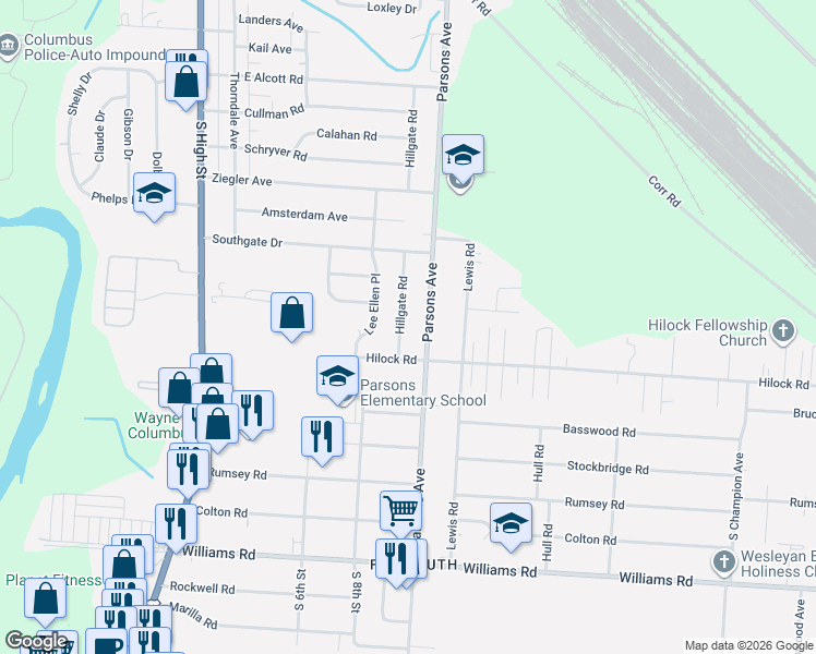 map of restaurants, bars, coffee shops, grocery stores, and more near 3146 Hillgate Road in Columbus
