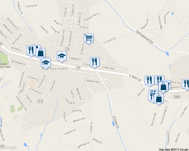map of restaurants, bars, coffee shops, grocery stores, and more near 71 East Frederick Street in Dallastown