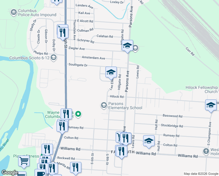 map of restaurants, bars, coffee shops, grocery stores, and more near 3097 Lee Ellen Place in Columbus