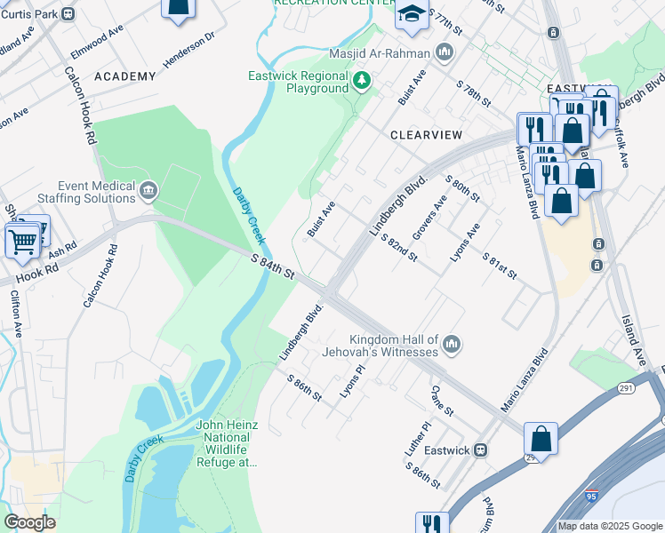 map of restaurants, bars, coffee shops, grocery stores, and more near 8309 Lindbergh Boulevard in Philadelphia