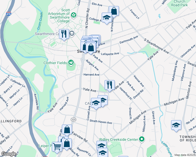 map of restaurants, bars, coffee shops, grocery stores, and more near 208 Rutgers Avenue in Swarthmore