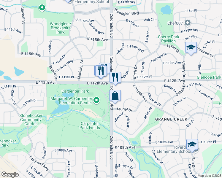 map of restaurants, bars, coffee shops, grocery stores, and more near 11151 Colorado Boulevard in Thornton
