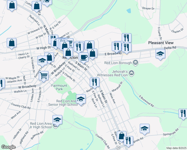 map of restaurants, bars, coffee shops, grocery stores, and more near 237 S Main St in Red Lion