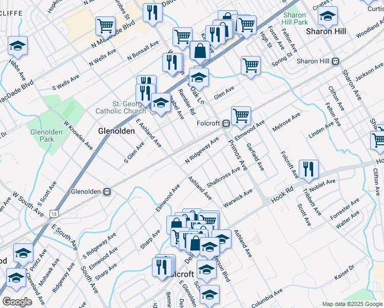 map of restaurants, bars, coffee shops, grocery stores, and more near 26 North Ridgeway Avenue in Glenolden