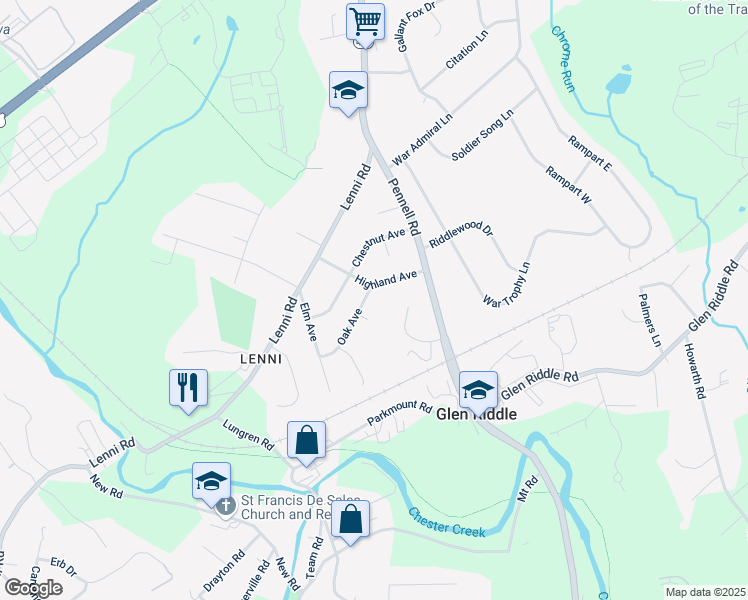 map of restaurants, bars, coffee shops, grocery stores, and more near 264 Oak Avenue in Media