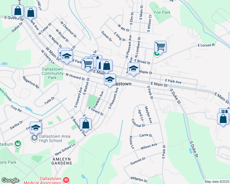 map of restaurants, bars, coffee shops, grocery stores, and more near 64 South Pleasant Avenue in Dallastown