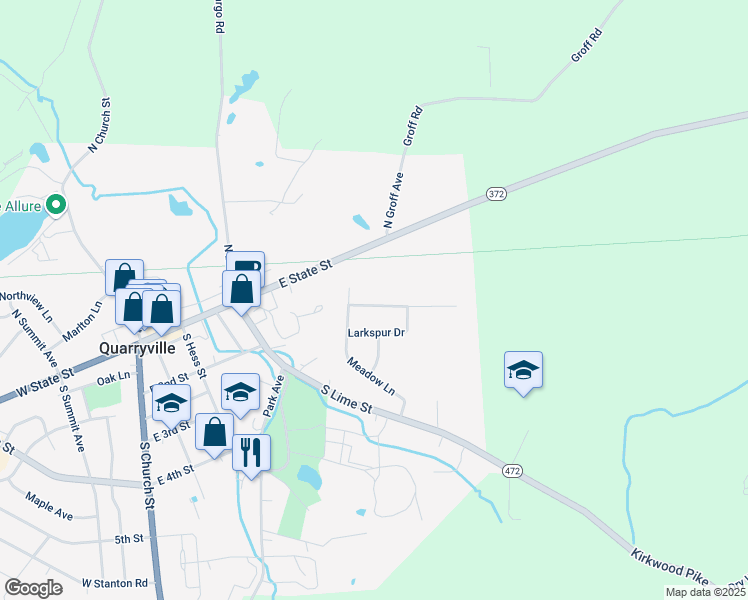 map of restaurants, bars, coffee shops, grocery stores, and more near 107 Wheatfield Court in Quarryville